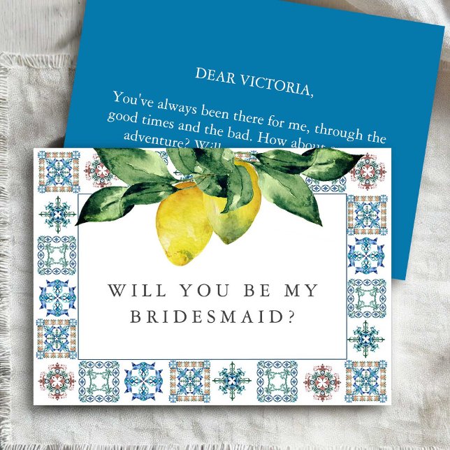 Personalised Bridesmaid Proposal Cards Lemons   (Bridesmaid proposal cards amalfi theme watercolor art by Victoria Grigaliunas)