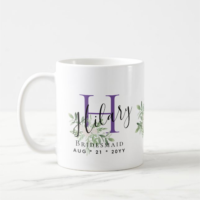 Personalised Bridesmaid Purple Initial Name Floral Coffee Mug (Left)