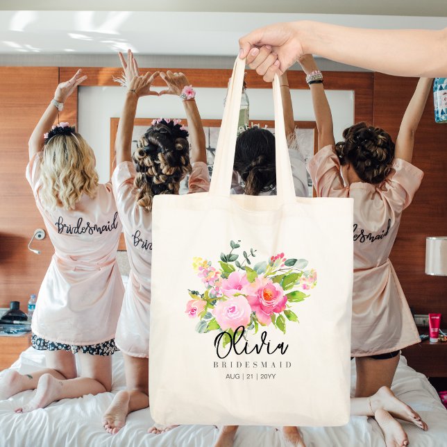 Personalised Bridesmaid Tote | Pink Floral Flowers Bag (Creator Uploaded)
