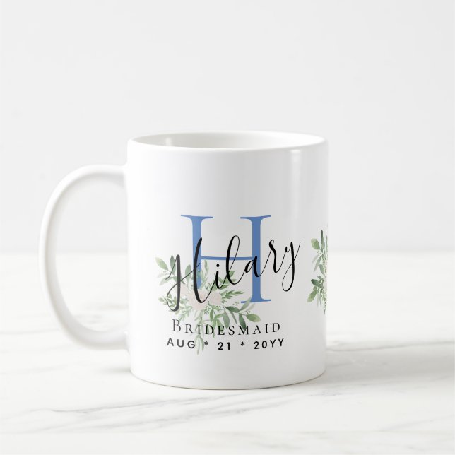 Personalised Bridesmaids Blue Initial Name Floral Coffee Mug (Left)