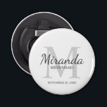 Personalised Bridesmaid's Monogram and Name Bottle Opener<br><div class="desc">Personalised Bridesmaids Gifts features personalised bridesmaid's name in grey classic script font style and monogram in light grey classic serif font style as background with title and wedding date in grey classic serif font style on white background. Also perfect for maid of honour, flower girl, mother of the bride and...</div>