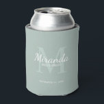Personalised Bridesmaid's Monogram and Name Can Cooler<br><div class="desc">Personalised Bridesmaids Gifts features personalised bridesmaid's name in white classic script font style and monogram in sage green classic serif font style as background with title and wedding date in white classic serif font style on sage green background. Also perfect for maid of honour, flower girl, mother of the bride...</div>