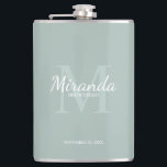 Personalised Bridesmaid's Monogram and Name Hip Flask<br><div class="desc">Personalised Bridesmaids Gifts features personalised bridesmaid's name in white classic script font style and monogram in sage green classic serif font style as background with title and wedding date in white classic serif font style on sage green background. Also perfect for maid of honour, flower girl, mother of the bride...</div>