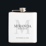 Personalised Bridesmaid's Monogram and Name Hip Flask<br><div class="desc">Add a personal touch to your wedding with personalised bridesmaid's monogram and name gift. This design features personalised bridesmaid's name with title and wedding date in grey and monogram in light grey as background, in classic serif font style, on white background. Also perfect for maid of honour, mother of the...</div>