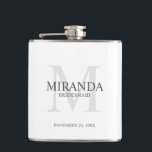 Personalised Bridesmaid's Monogram and Name Hip Flask<br><div class="desc">Add a personal touch to your wedding with personalised bridesmaid's monogram and name gift. This design features personalised bridesmaid's name with title and wedding date in grey and monogram in light grey as background, in classic serif font style, on white background. Also perfect for maid of honour, mother of the...</div>