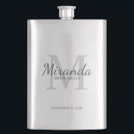 Personalised Bridesmaid's Monogram and Name Hip Flask<br><div class="desc">Personalised Bridesmaids Gifts
features personalised bridesmaid's name in grey classic script font style and monogram in light grey classic serif font style as background with title and wedding date in grey classic serif font style.

Also perfect for maid of honour,  flower girl,  mother of the bride and more.</div>