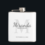Personalised Bridesmaid's Monogram and Name Hip Flask<br><div class="desc">Personalised Bridesmaids Gifts features personalised bridesmaid's name in grey classic script font style and monogram in light grey classic serif font style as background with title and wedding date in grey classic serif font style on white background. Also perfect for maid of honour, flower girl, mother of the bride and...</div>