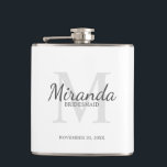 Personalised Bridesmaid's Monogram and Name Hip Flask<br><div class="desc">Personalised Bridesmaids Gifts features personalised bridesmaid's name in grey classic script font style and monogram in light grey classic serif font style as background with title and wedding date in grey classic serif font style on white background. Also perfect for maid of honour, flower girl, mother of the bride and...</div>