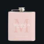Personalised Bridesmaid's Monogram and Name Hip Flask<br><div class="desc">Add a personal touch to your wedding with personalised bridesmaid's monogram and name gift. This design features personalised bridesmaid's name with title and wedding date in white and monogram in blush pink as background, in classic serif font style, on blush pink background. Also perfect for maid of honour, mother of...</div>