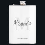 Personalised Bridesmaid's Monogram and Name Hip Flask<br><div class="desc">Personalised Bridesmaids Gifts features personalised bridesmaid's name in grey classic script font style and monogram in light grey classic serif font style as background with title and wedding date in grey classic serif font style on white background. Also perfect for maid of honour, flower girl, mother of the bride and...</div>