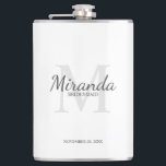 Personalised Bridesmaid's Monogram and Name Hip Flask<br><div class="desc">Personalised Bridesmaids Gifts features personalised bridesmaid's name in grey classic script font style and monogram in light grey classic serif font style as background with title and wedding date in grey classic serif font style on white background. Also perfect for maid of honour, flower girl, mother of the bride and...</div>