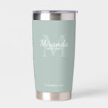 Personalised Bridesmaid's Monogram and Name Insulated Tumbler<br><div class="desc">Personalised Bridesmaids Gifts features personalised bridesmaid's name in white classic script font style and monogram in sage green classic serif font style as background with title and wedding date in white classic serif font style on sage green background. Also perfect for maid of honour, flower girl, mother of the bride...</div>