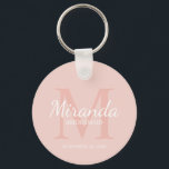Personalised Bridesmaid's Monogram and Name Key Ring<br><div class="desc">Personalised Bridesmaids Gifts features personalised bridesmaid's name in white classic script font style and monogram in blush pink classic serif font style as background with title and wedding date in white classic serif font style on blush pink background. Also perfect for maid of honour, flower girl, mother of the bride...</div>