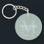 Personalised Bridesmaid's Monogram and Name Key Ring<br><div class="desc">Add a personal touch to your wedding with personalised bridesmaid's monogram and name gift. This design features personalised bridesmaid's name with title and wedding date in white and monogram in sage green as background, in classic serif font style, on sage green background. Also perfect for maid of honour, mother of...</div>