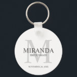 Personalised Bridesmaid's Monogram and Name Key Ring<br><div class="desc">Add a personal touch to your wedding with personalised bridesmaid's monogram and name gift. This design features personalised bridesmaid's name with title and wedding date in grey and monogram in light grey as background, in classic serif font style, on white background. Also perfect for maid of honour, mother of the...</div>