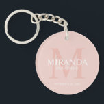 Personalised Bridesmaid's Monogram and Name Key Ring<br><div class="desc">Add a personal touch to your wedding with personalised bridesmaid's monogram and name gift. This design features personalised bridesmaid's name with title and wedding date in white and monogram in blush pink as background, in classic serif font style, on blush pink background. Also perfect for maid of honour, mother of...</div>