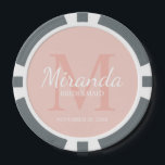 Personalised Bridesmaid's Monogram and Name Poker Chips<br><div class="desc">Personalised Bridesmaids Gifts features personalised bridesmaid's name in white classic script font style and monogram in blush pink classic serif font style as background with title and wedding date in white classic serif font style on blush pink background. Also perfect for maid of honour, flower girl, mother of the bride...</div>