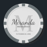 Personalised Bridesmaid's Monogram and Name Poker Chips<br><div class="desc">Personalised Bridesmaids Gifts features personalised bridesmaid's name in grey classic script font style and monogram in light grey classic serif font style as background with title and wedding date in grey classic serif font style on white background. Also perfect for maid of honour, flower girl, mother of the bride and...</div>