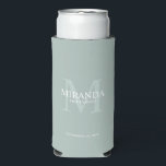 Personalised Bridesmaid's Monogram and Name Seltzer Can Cooler<br><div class="desc">Add a personal touch to your wedding with personalised bridesmaid's monogram and name gift. This design features personalised bridesmaid's name with title and wedding date in white and monogram in sage green as background, in classic serif font style, on sage green background. Also perfect for maid of honour, mother of...</div>