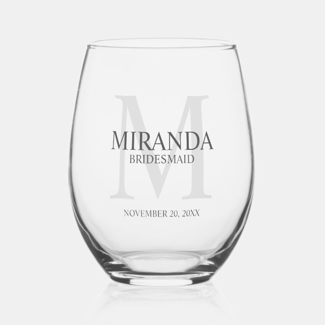 Personalised Bridesmaid's Monogram and Name Stemless Wine Glass (Front)