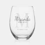 Personalised Bridesmaid's Monogram and Name Stemless Wine Glass<br><div class="desc">Personalised Bridesmaids Gifts
features personalised bridesmaid's name in grey classic script font style and monogram in light grey classic serif font style as background with title and wedding date in grey classic serif font style.

Also perfect for maid of honour,  flower girl,  mother of the bride and more.</div>