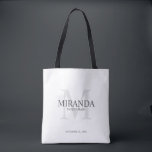 Personalised Bridesmaid's Monogram and Name Tote Bag<br><div class="desc">Add a personal touch to your wedding with personalised bridesmaid's monogram and name gift. This design features personalised bridesmaid's name with title and wedding date in grey and monogram in light grey as background, in classic serif font style, on white background. Also perfect for maid of honour, mother of the...</div>