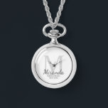 Personalised Bridesmaid's Monogram and Name Watch<br><div class="desc">Personalised Bridesmaids Gifts features personalised bridesmaid's name in grey classic script font style and monogram in light grey classic serif font style as background with title and wedding date in grey classic serif font style on white background. Also perfect for maid of honour, flower girl, mother of the bride and...</div>
