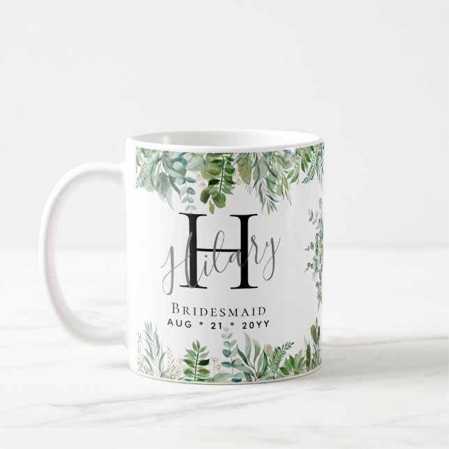 Personalised Bridesmaids Monogram Greenery Wedding Coffee Mug (Left)