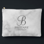Personalised Bridesmaid's Name and Monogram Accessory Pouch<br><div class="desc">Elegant Black and White Personalised Bridesmaid Gifts
featuring personalised monogram in grey elegant script font style with bridesmaid's name and title in classic serif font style on white marble background.

Also perfect for maid of honour,  flower girl,  mother of the bride and more.</div>