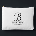 Personalised Bridesmaid's Name and Monogram Accessory Pouch<br><div class="desc">Elegant Black and White Personalised Bridesmaid Gifts
featuring personalised monogram in black elegant script font style with bridesmaid's name and title in classic serif font style on white background.

Also perfect for maid of honour,  flower girl,  mother of the bride and more.</div>