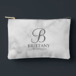 Personalised Bridesmaid's Name and Monogram Accessory Pouch<br><div class="desc">Elegant Black and White Personalised Bridesmaid Gifts
featuring personalised monogram in grey elegant script font style with bridesmaid's name and title in classic serif font style on white marble background.

Also perfect for maid of honour,  flower girl,  mother of the bride and more.</div>