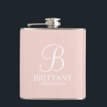 Personalised Bridesmaid's Name and Monogram Hip Flask<br><div class="desc">Elegant Personalised Bridesmaid Gifts
featuring personalised monogram in white elegant script font style with bridesmaid's name and title in classic serif font style on blush pink background.

Also perfect for maid of honour,  flower girl,  mother of the bride and more.</div>