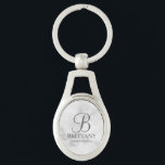 Personalised Bridesmaid's Name and Monogram Key Ring<br><div class="desc">Elegant Personalised Bridesmaid Gifts featuring personalised monogram in grey elegant script font style with bridesmaid's name and title in classic serif font style on white marble background. Also perfect for groomsmen, best man, father of the bride, maid of honour, flower girl, mother of the bride and more. Please note: The...</div>