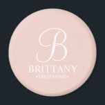 Personalised Bridesmaid's Name and Monogram Magnet<br><div class="desc">Elegant Black and White Personalised Bridesmaid Gifts
featuring personalised monogram in white elegant script font style with bridesmaid's name and title in classic serif font style on blush pink background.

Also perfect for maid of honour,  flower girl,  mother of the bride and more.</div>