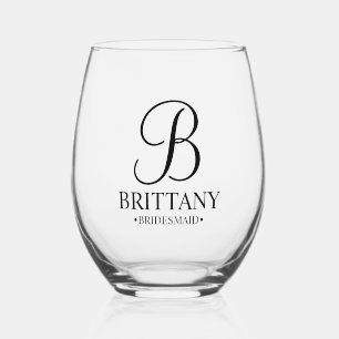 Personalised Bridesmaid's Name and Monogram Stemless Wine Glass