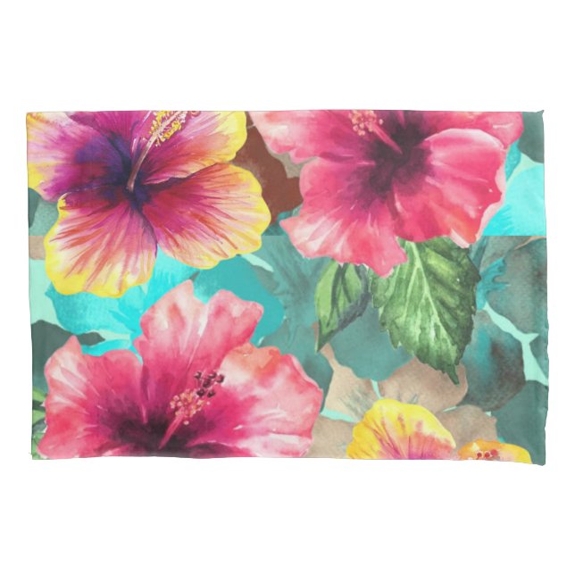 personalised bright and colourful hibiscus floral pillowcase (Front)