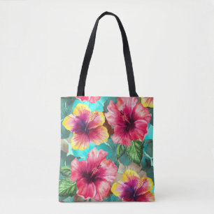 personalised bright and colourful hibiscus floral tote bag