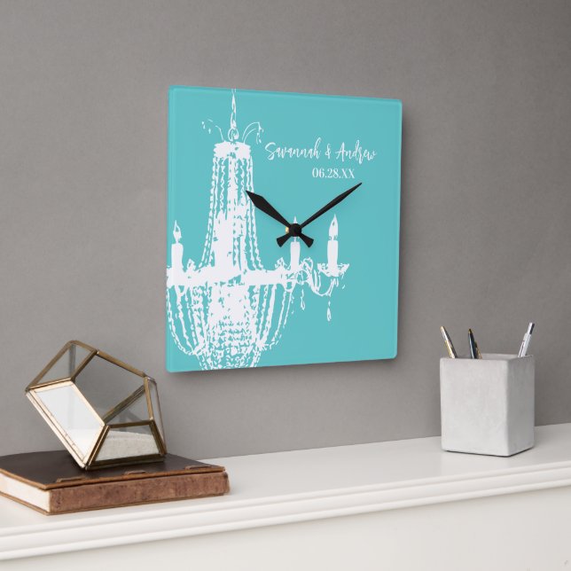 Personalised Bright Aqua Chandelier or Any Colour Square Wall Clock (Office)