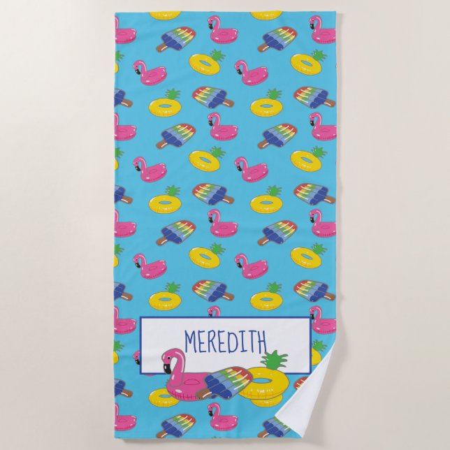 Personalised Bright Blue Pool Floats Patterned Beach Towel (Front)