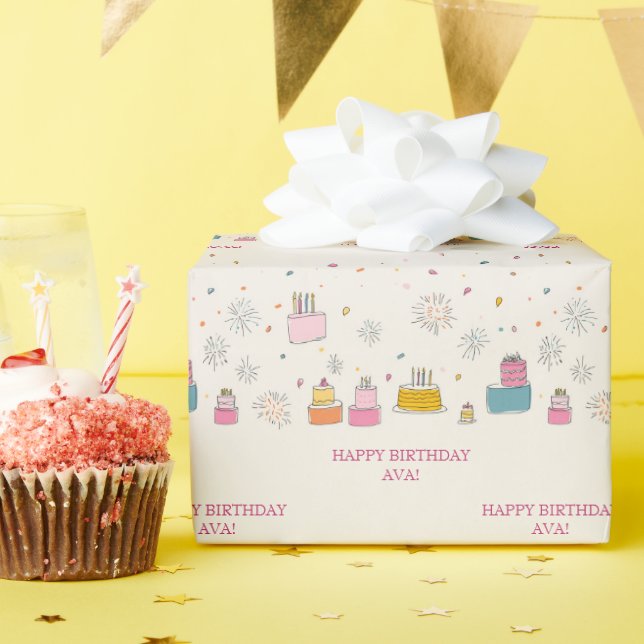 Personalised Bright Cakes W/ Confetti & Fireworks Wrapping Paper (Birthday Party)