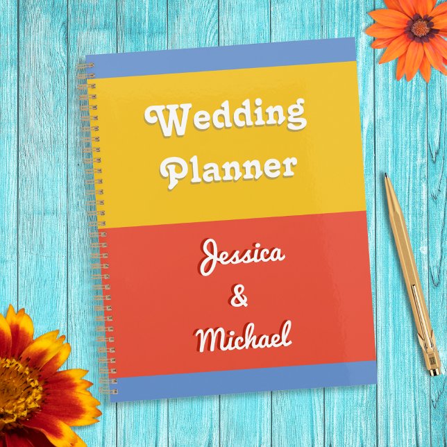 Personalised Bright Colour Block Modern Wedding Planner (A modern wedding planner with orange, yellow and blue color block design)