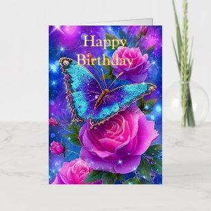 Personalised Bright Coloured Pink Roses Birthday Foil Greeting Card