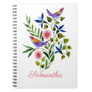 Personalised Bright Colourful Birds and Flowers Notebook