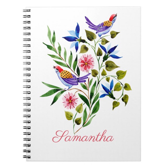 Personalised Bright Colourful Birds and Flowers  Notebook (Front)