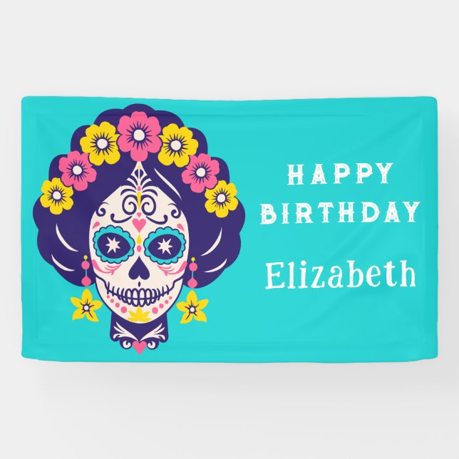 Personalised Bright Floral Sugar Skull Birthday Banner (Horizontal)