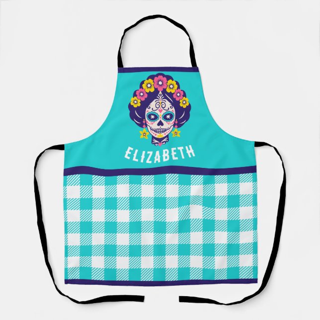 Personalised Bright Floral Sugar Skull Girl   Apron (Front)