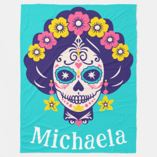 Personalised Bright Floral Sugar Skull Girl   Fleece Blanket