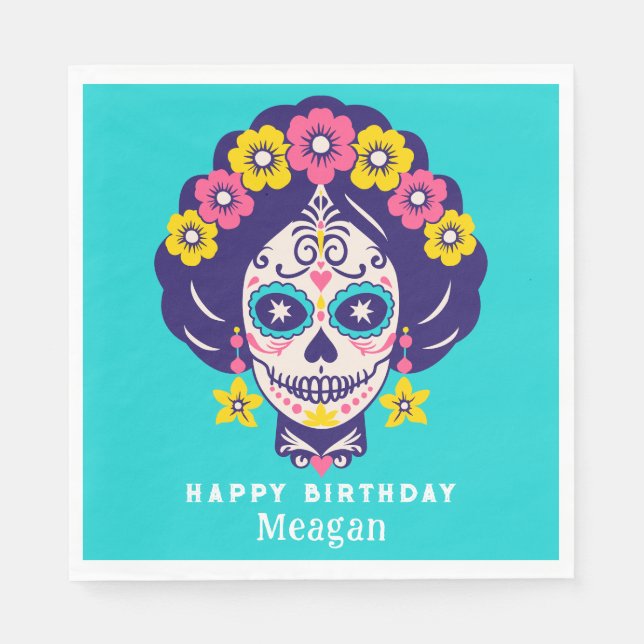 Personalised Bright Floral Sugar Skull Girl Napkin (Front)