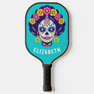 Personalised Bright Floral Sugar Skull Girl Pickleball Paddle