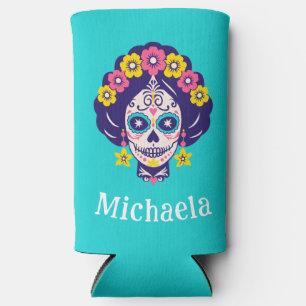 Personalised Bright Floral Sugar Skull Girl   Seltzer Can Cooler